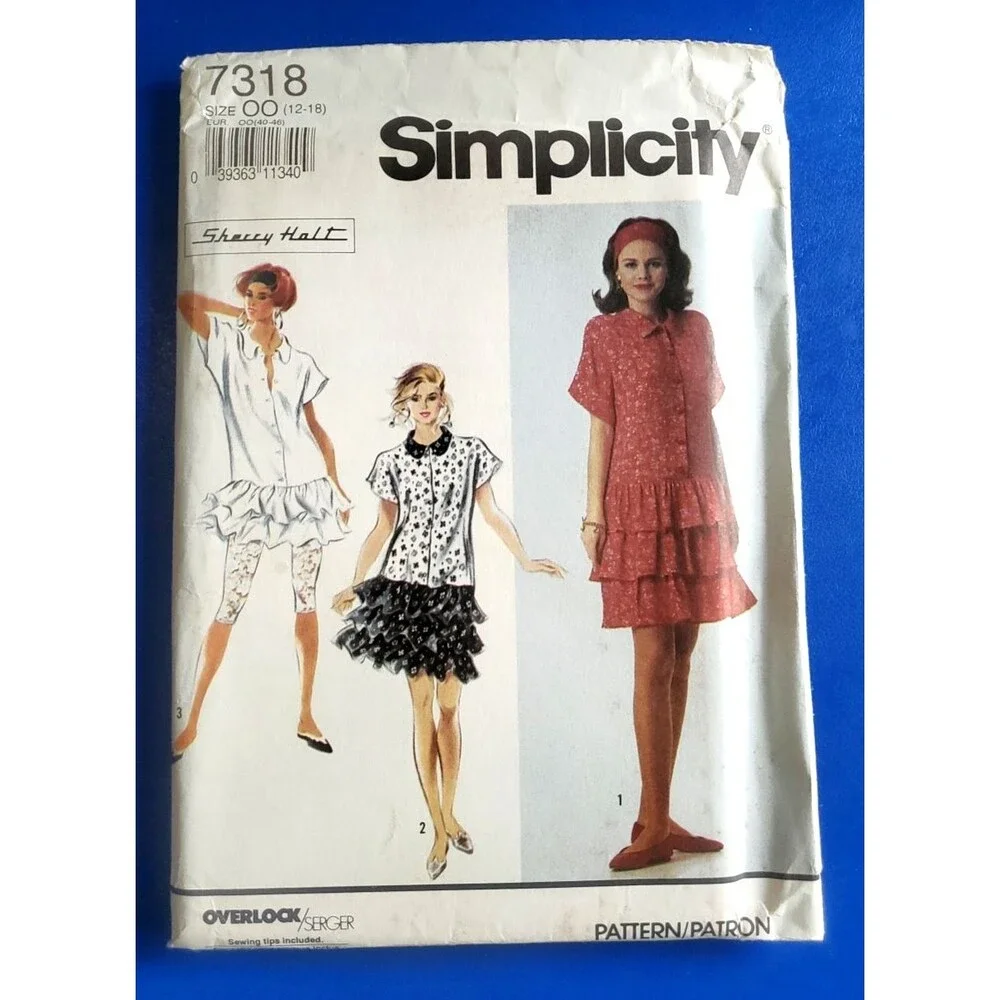 VTG 90s Simplicity 7318 Sewing Pattern Misses Ruffled Dress/Leggings 12-18 UNCUT